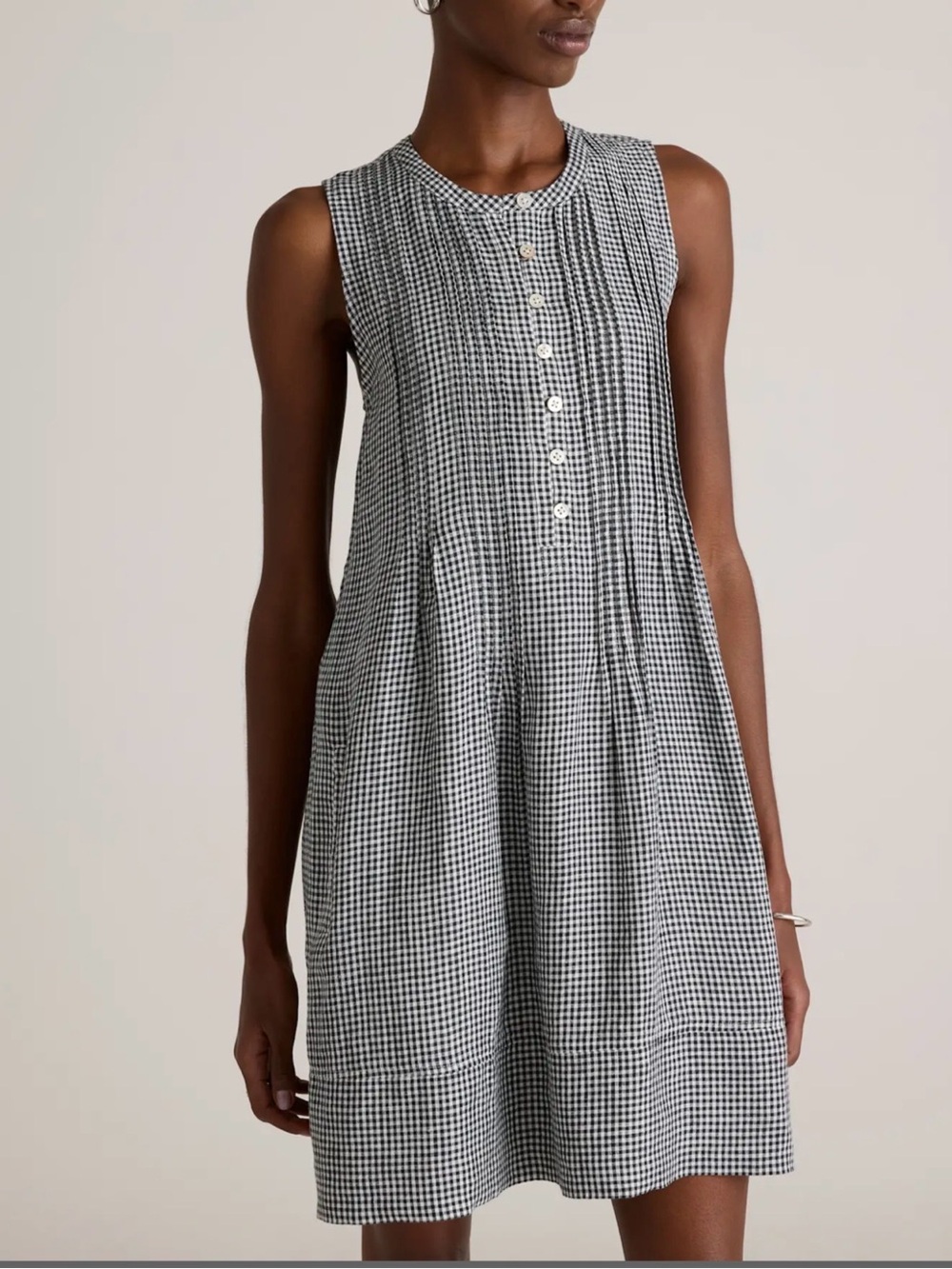 100% European Linen Sleeveless Mini Gingham Shift Swing Dress
